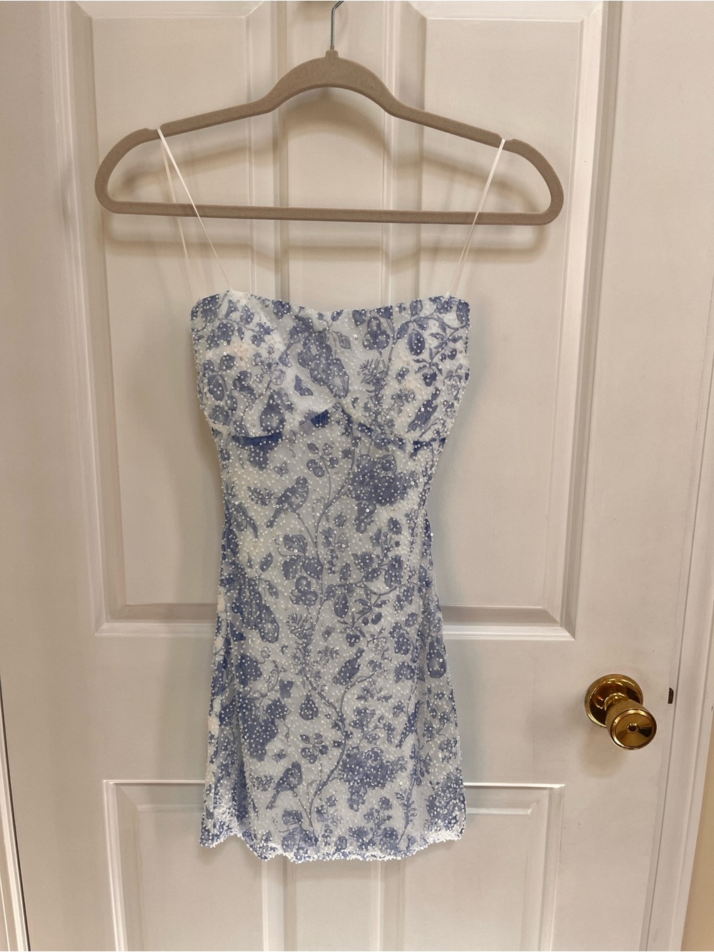 Windsor White & Light Blue Floral Beaded Strapless Mini Dress